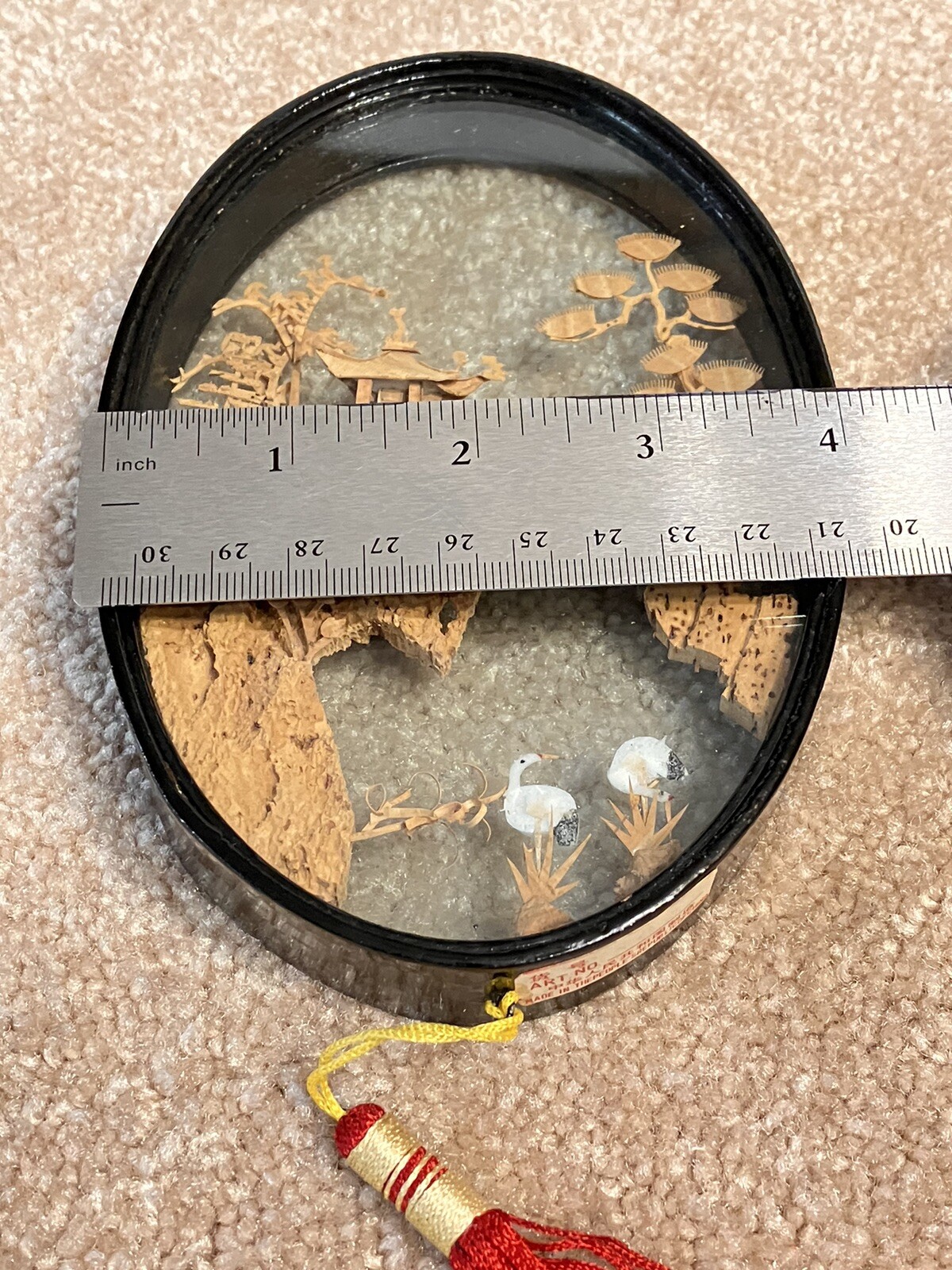 Vintage Chinese Cork Carving Diorama Set Of 2 Lot Cranes Pagoda Lacquered Wood