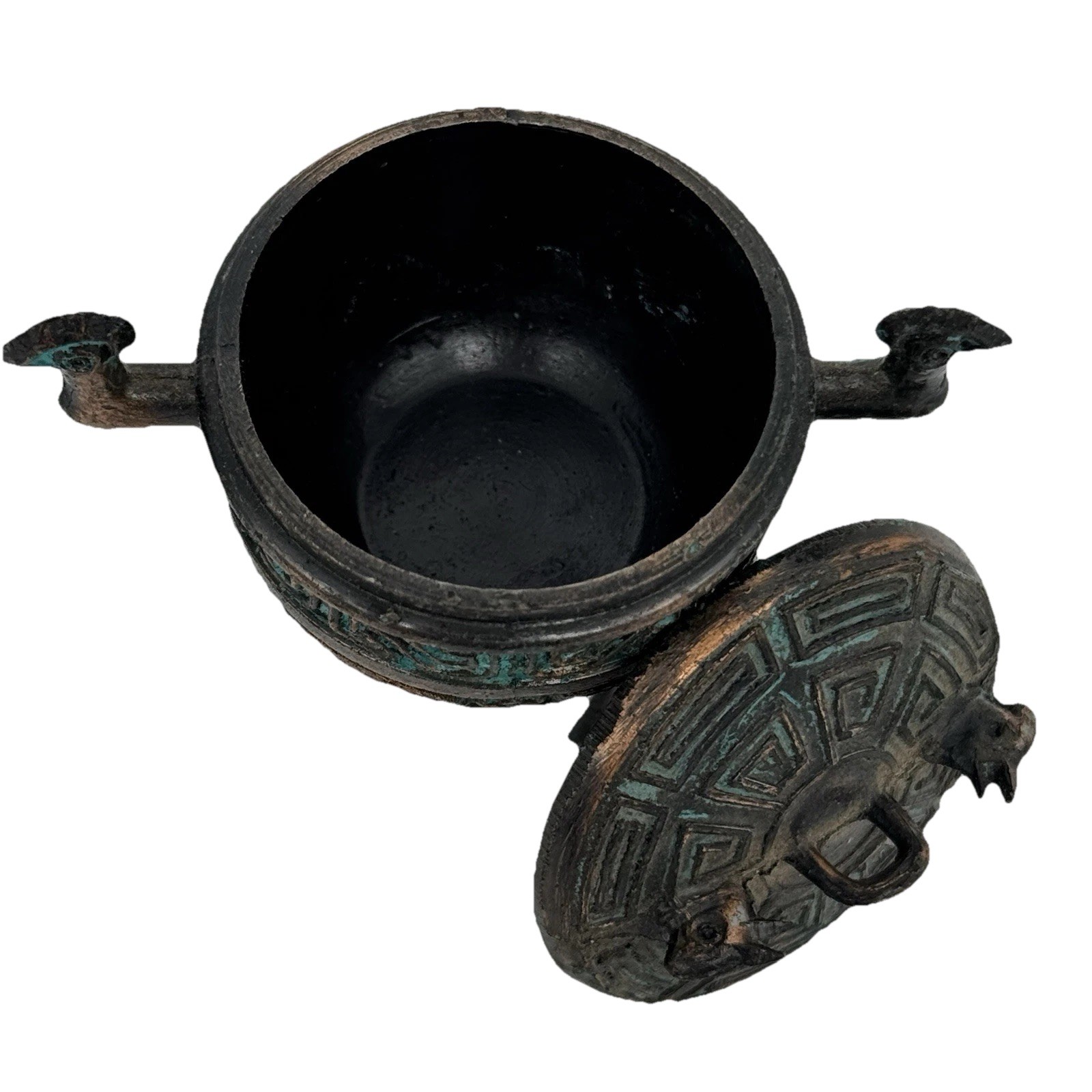 Vintage Set of 3 Chinese Bronze Small Leiwen Ding Tripods Censer Wooden Stand