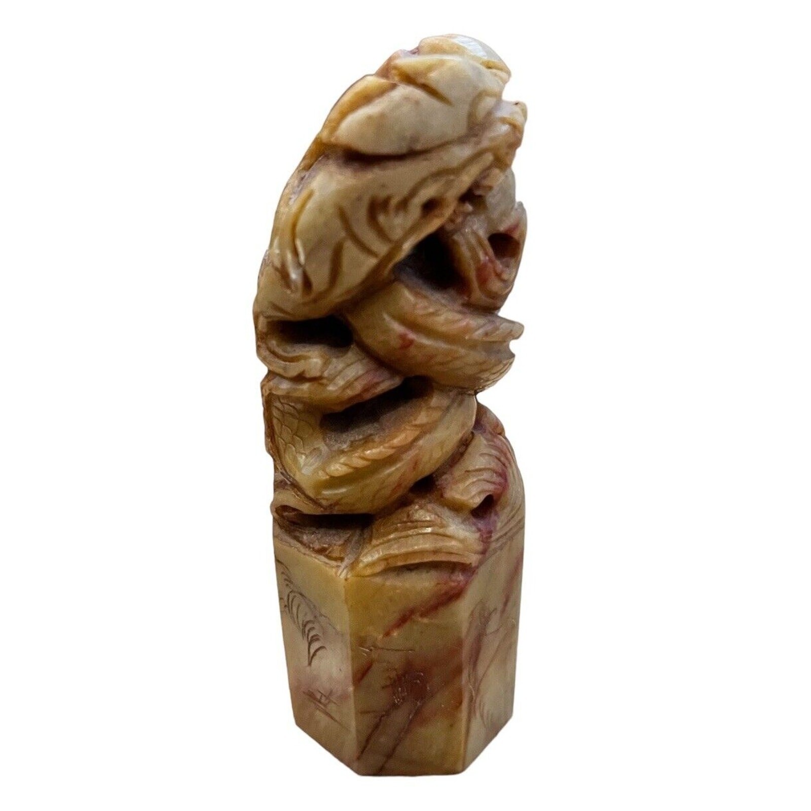 Chinese Carved Soapstone Dual Dragon Chop Very Detailed 4.5” Tall Large