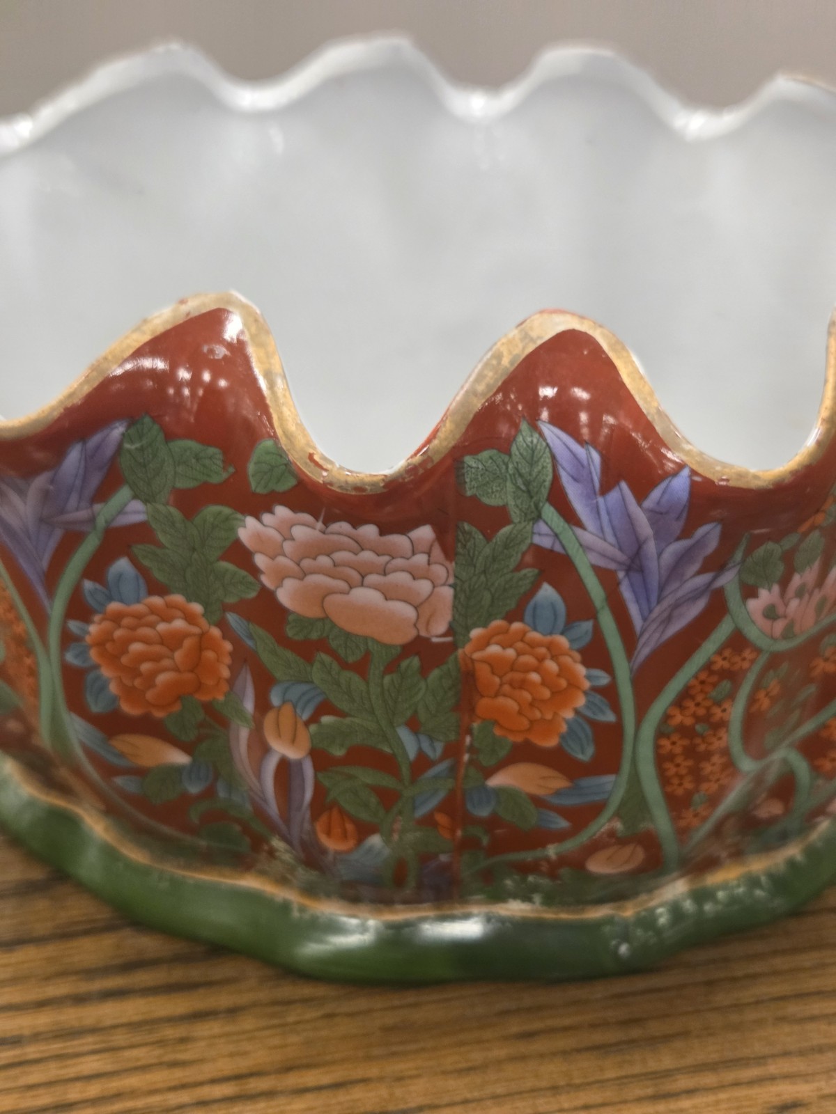 Chinese Foot Bath Satsuma Style Floral Red Vtg Porcelain Jardiniere Gold