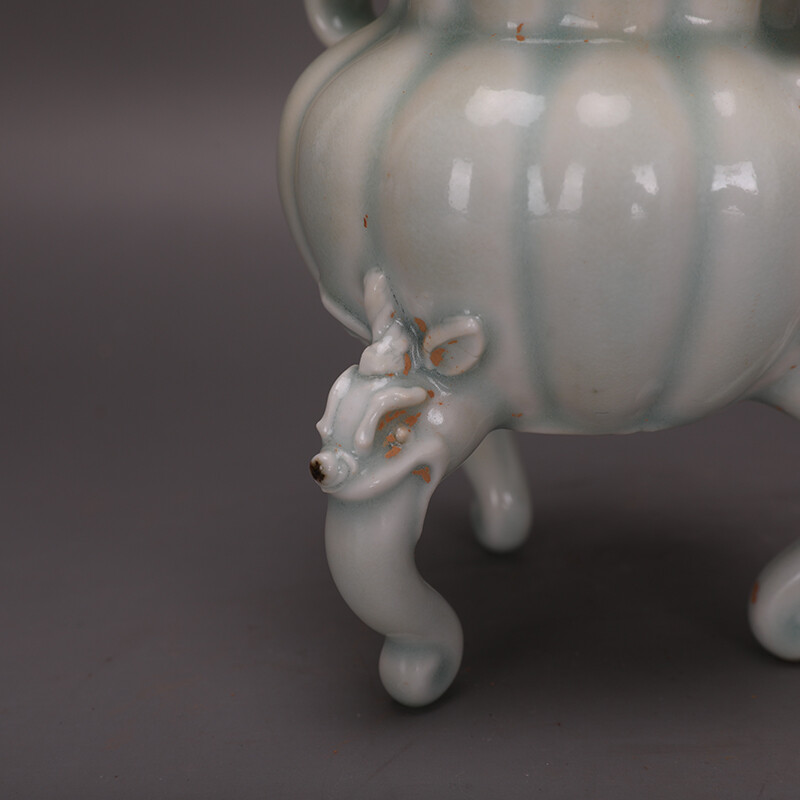 5.6″ Chinese Song Porcelain Lake Field Kiln Green Glaze Tripodia Incense Burner