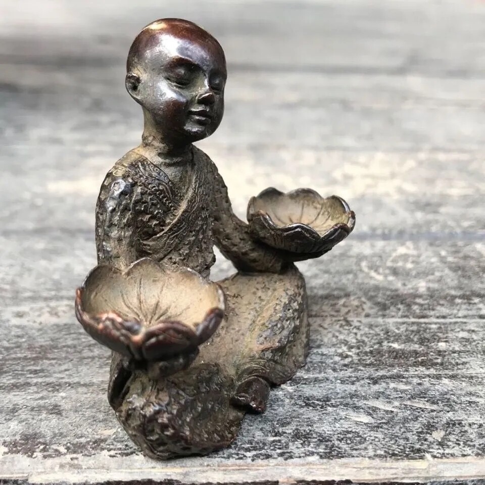 Pure Copper Incense Burner Ornaments Young Monk Holding Lotus Candlestick Stove