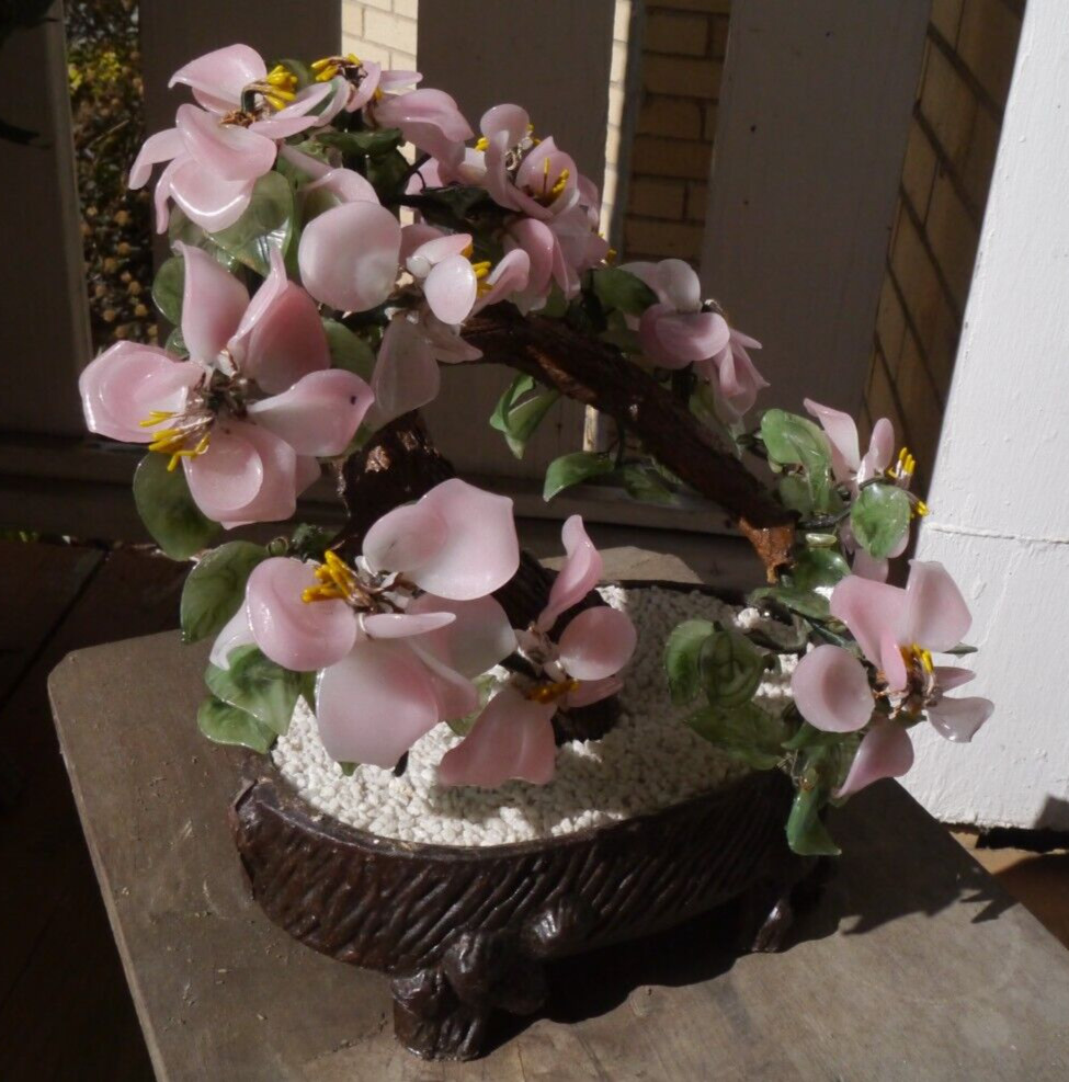 Jade Bonsai Tree Asian Chinese Japanese Art Glass Agate Pot Flowers VTG Dogwood?