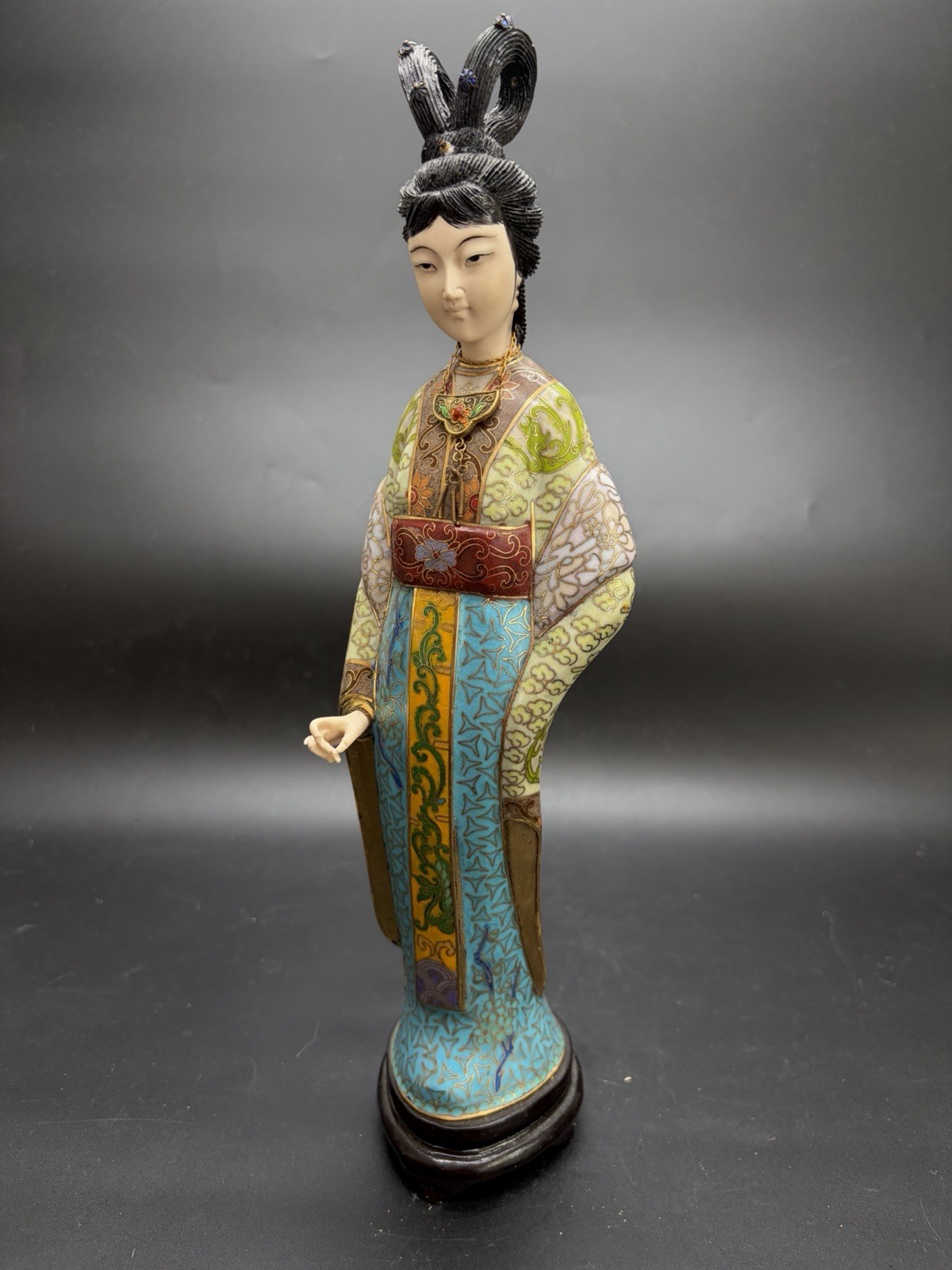 Gorgeous VTG Traditional Cloisonne Lady Figure Brass Enamel On Wood Base 13.5”
