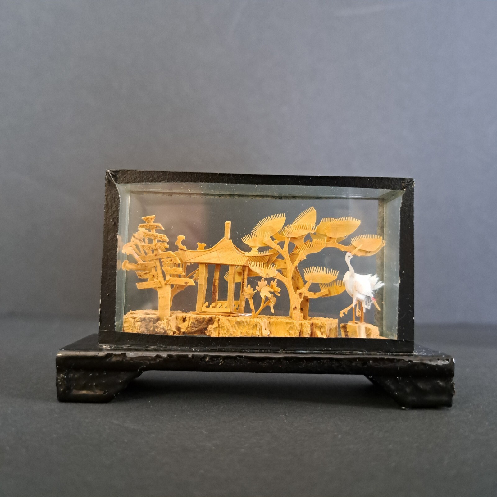 Carved Chinese Cork Diorama Shadow Box Sculpture In Glass Cranes Trees Pagoda