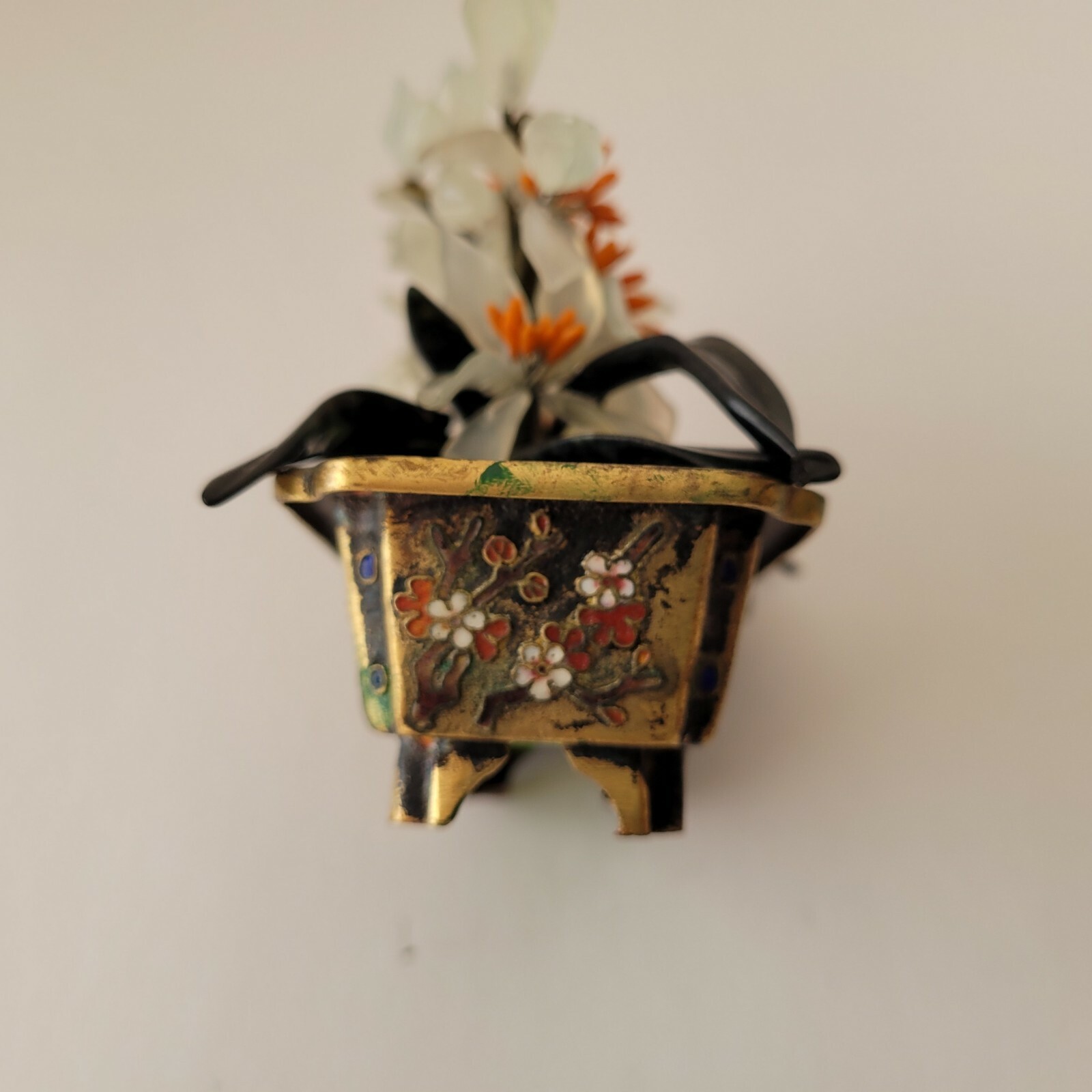 Stone Bonsai in Cloisonne Planter Flower Pot Quartz Jade