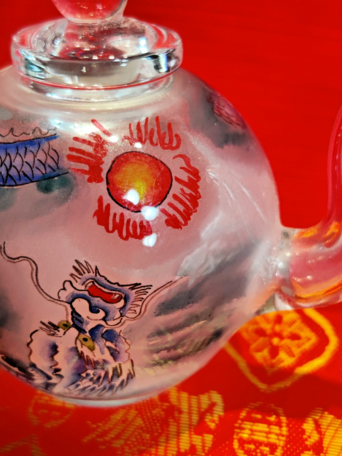 VTG Asian Glass Teapot Mini Reverse Painted Dragons Tea Pot Gift Box Small