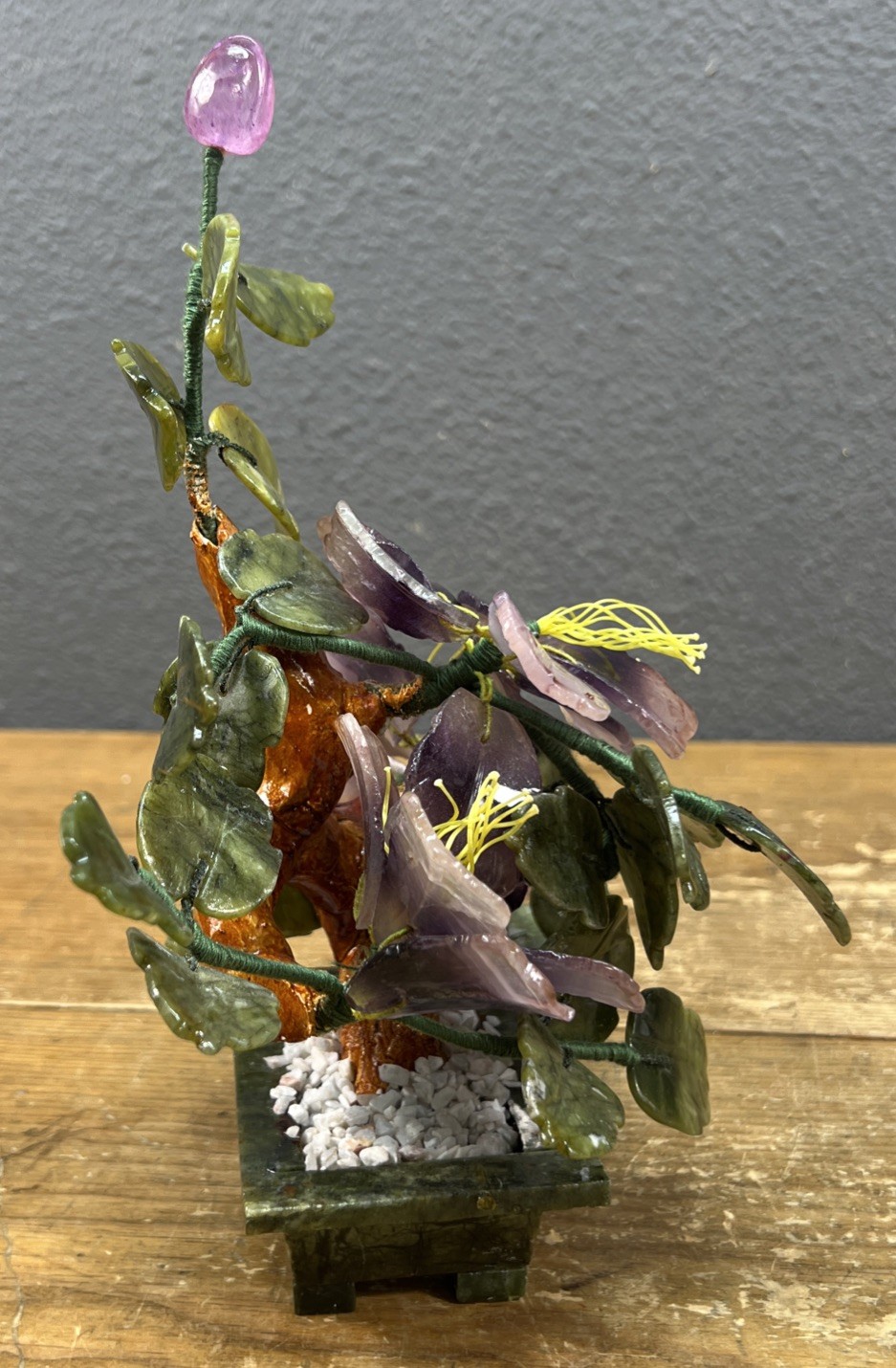 Vintage Japan Carved Stone Jade Bonsai Flowering Tree