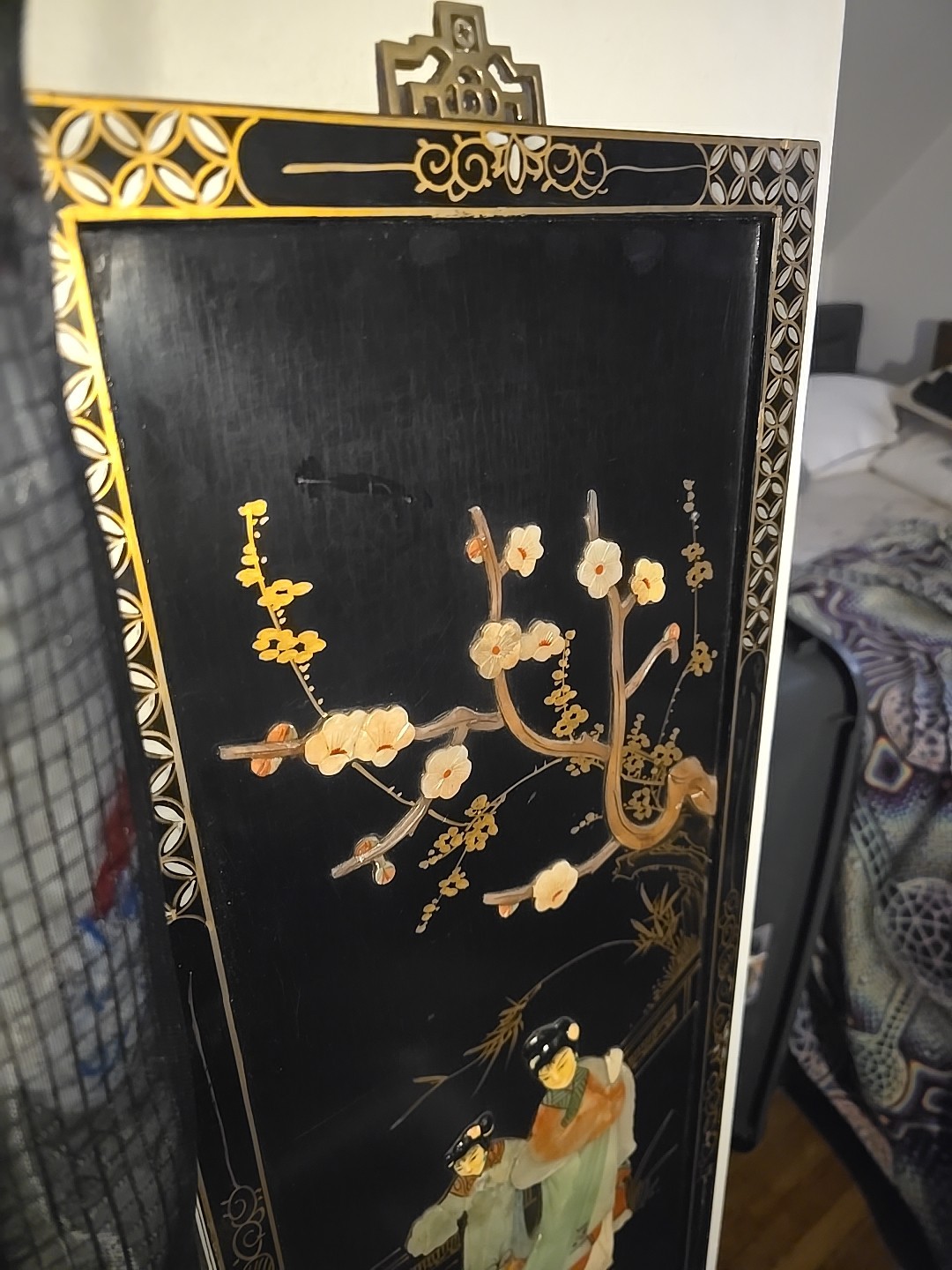 *RARE*MotherPearl Black Lacquer Antique Asian Wooden Wall Art