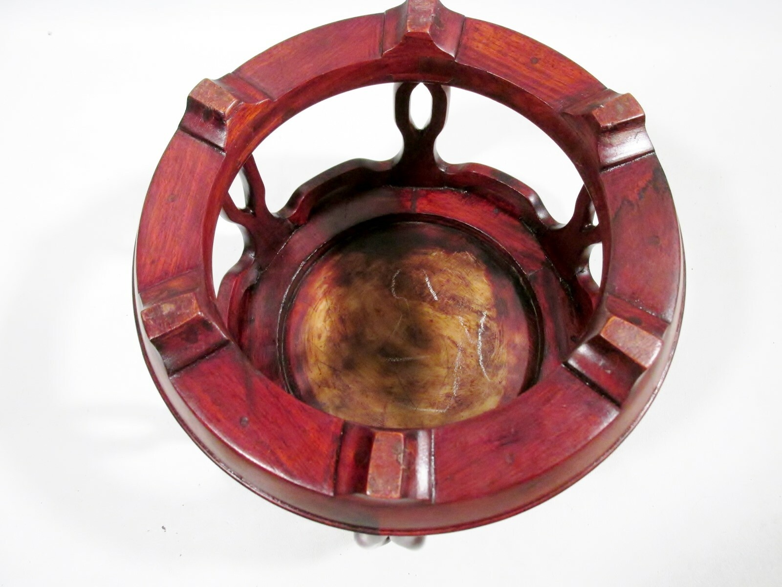 Old Chinese Carved Wood & Stone Small 8.5” Drum Table Stand Flower Vase
