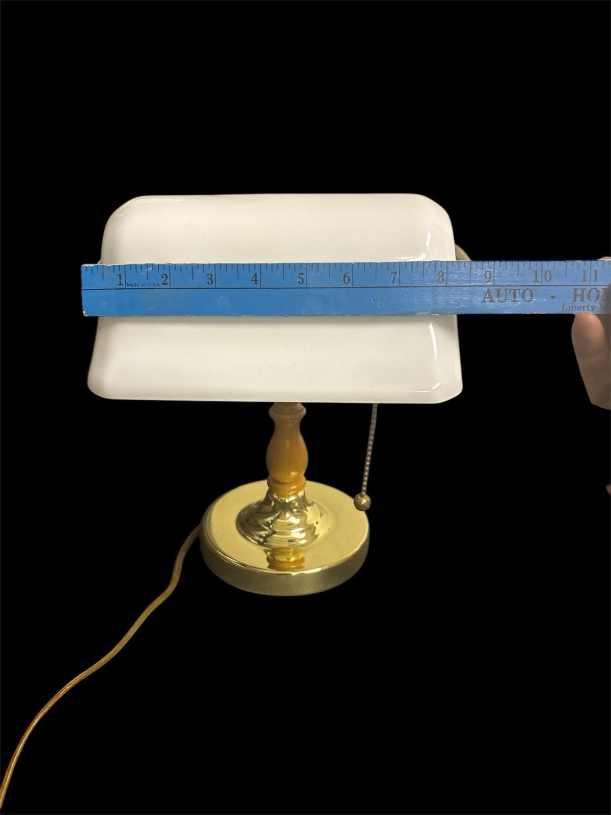 Bankers Lamp White Shade , Shiny brass With Wood Look Model 9406 Made In China