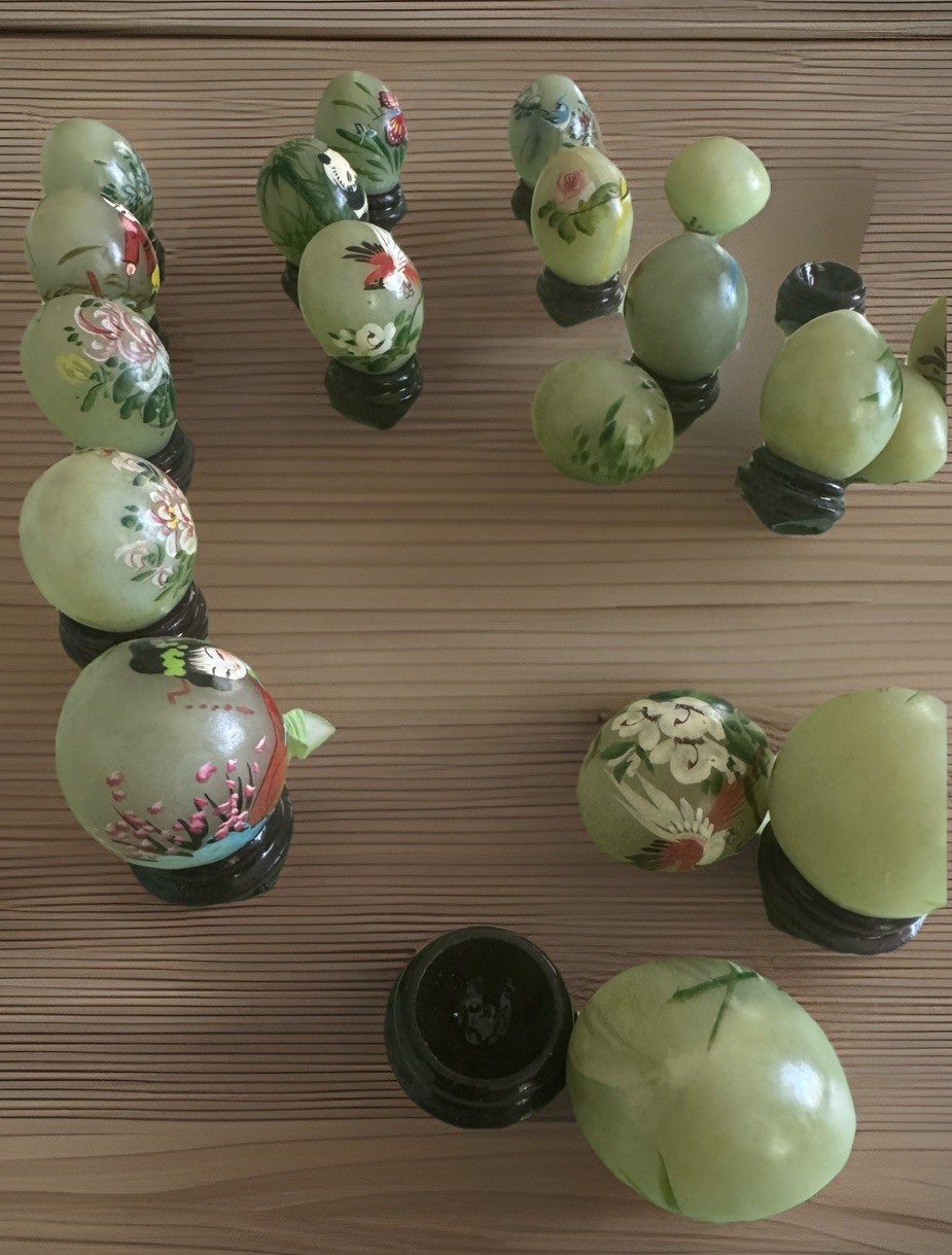 Chinese Handpainted Miniature Jade Eggs W/ Wooden Stands. Set Of 20–Vintage