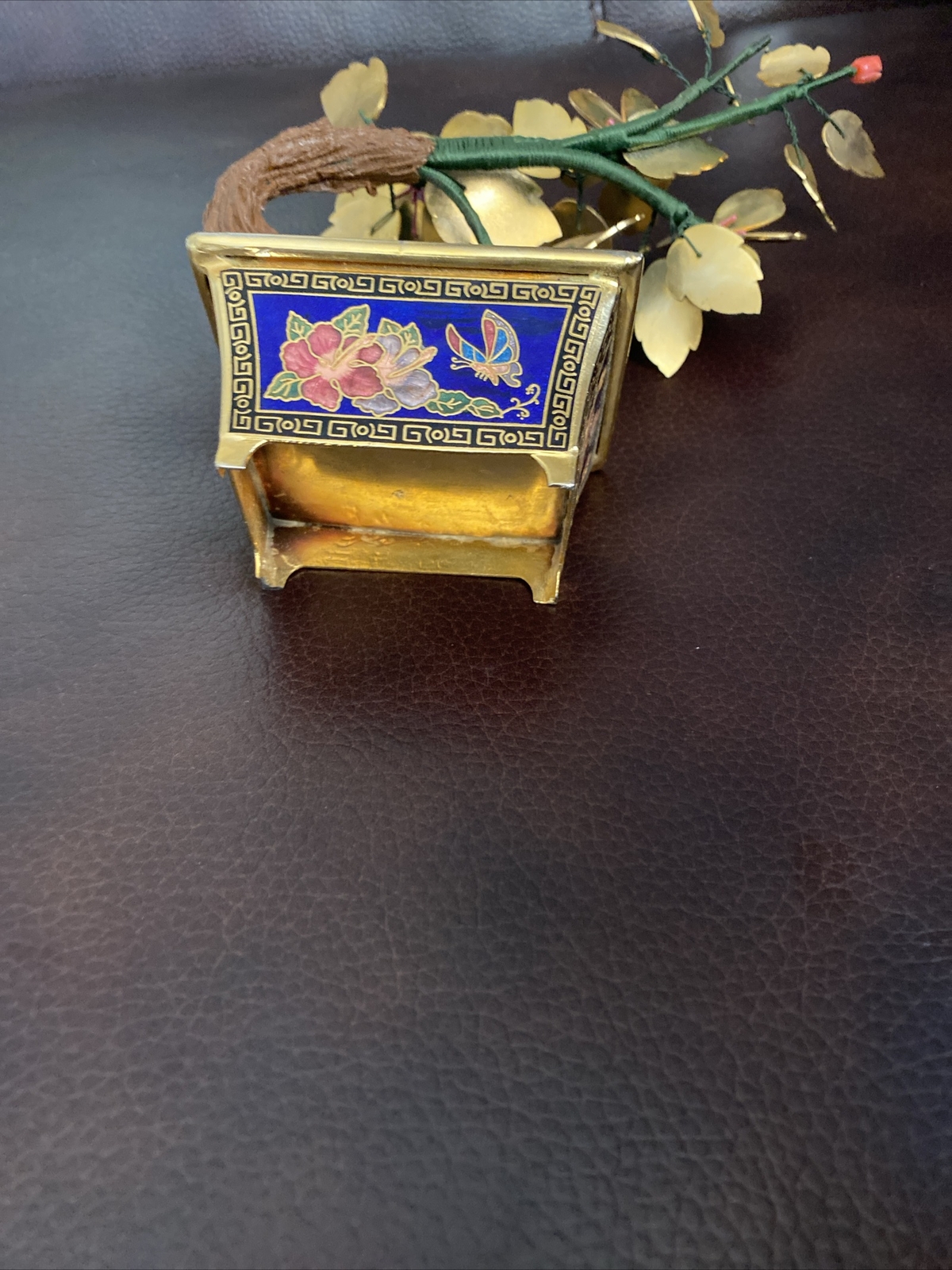 VINTAGE CHINESE GUILLOCHE ENAMEL BONSAI TREE & FLOWERS w/ CORAL CLOISONNE POT