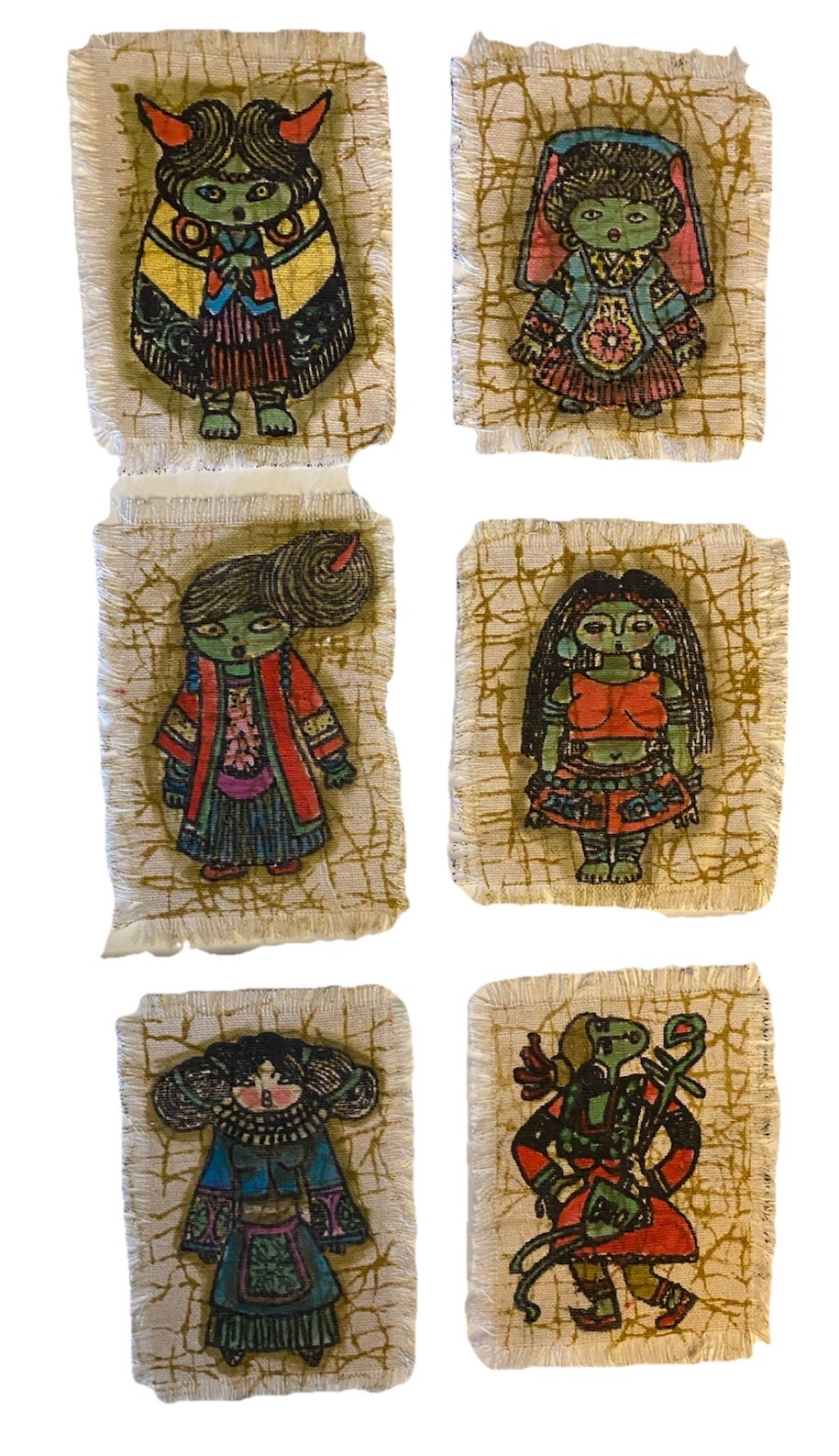 Set of 6 Miao Hmong Folk Art Batik Fabric Panels Hand Painted Mini Textile Art