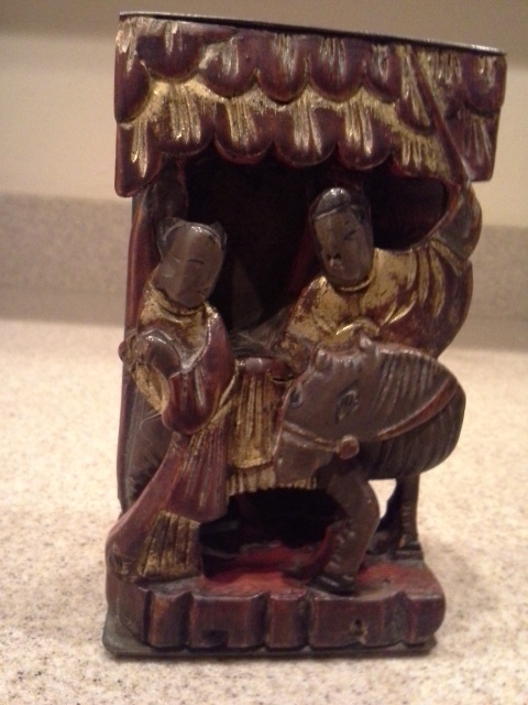 Vintage Asian Oriental Bookends Carved Wood and Etched Brass