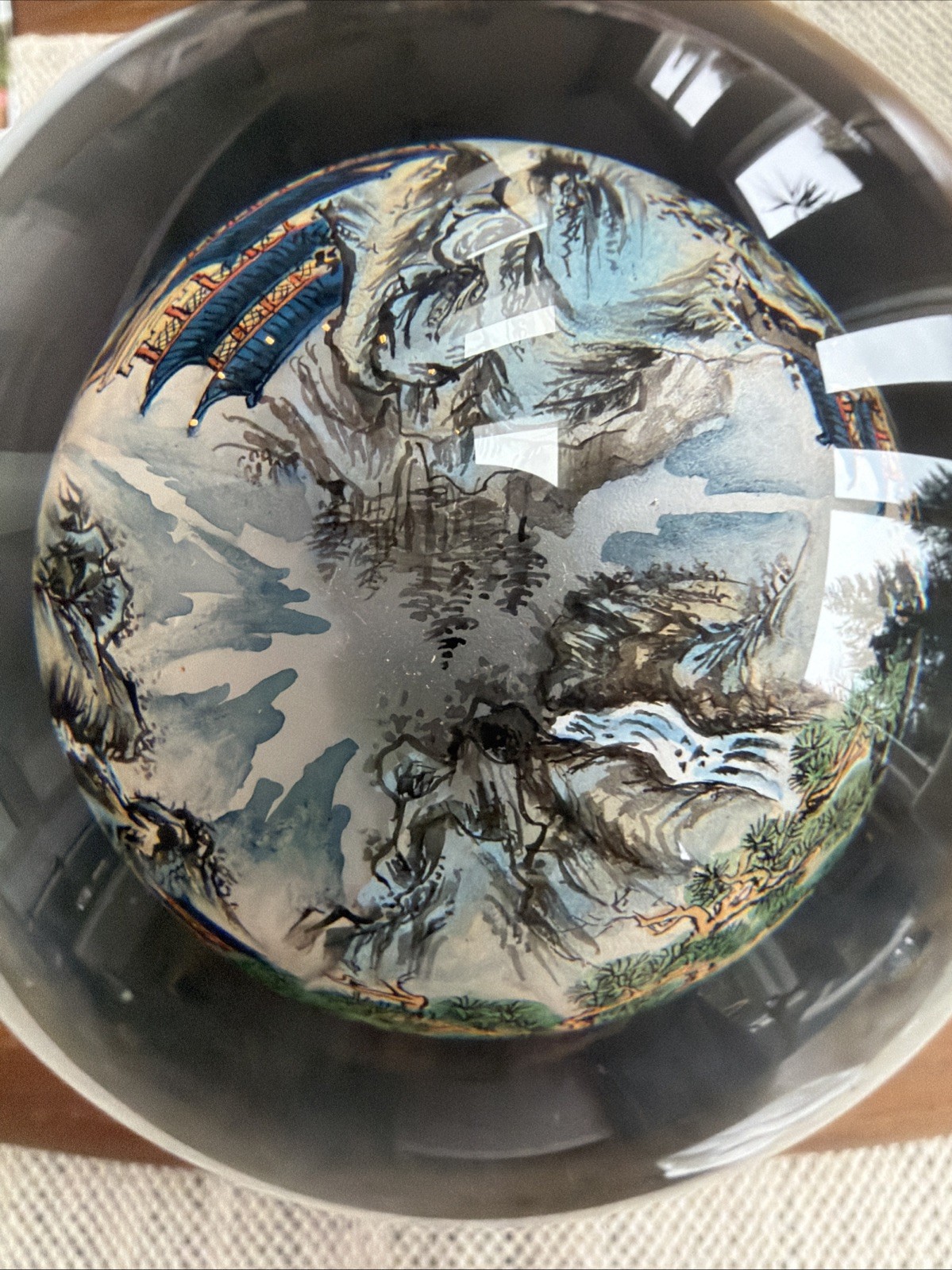 Vintage Chinese Hand Painted Reverse Art 4.5″ Glass Globe On Wooden Stand