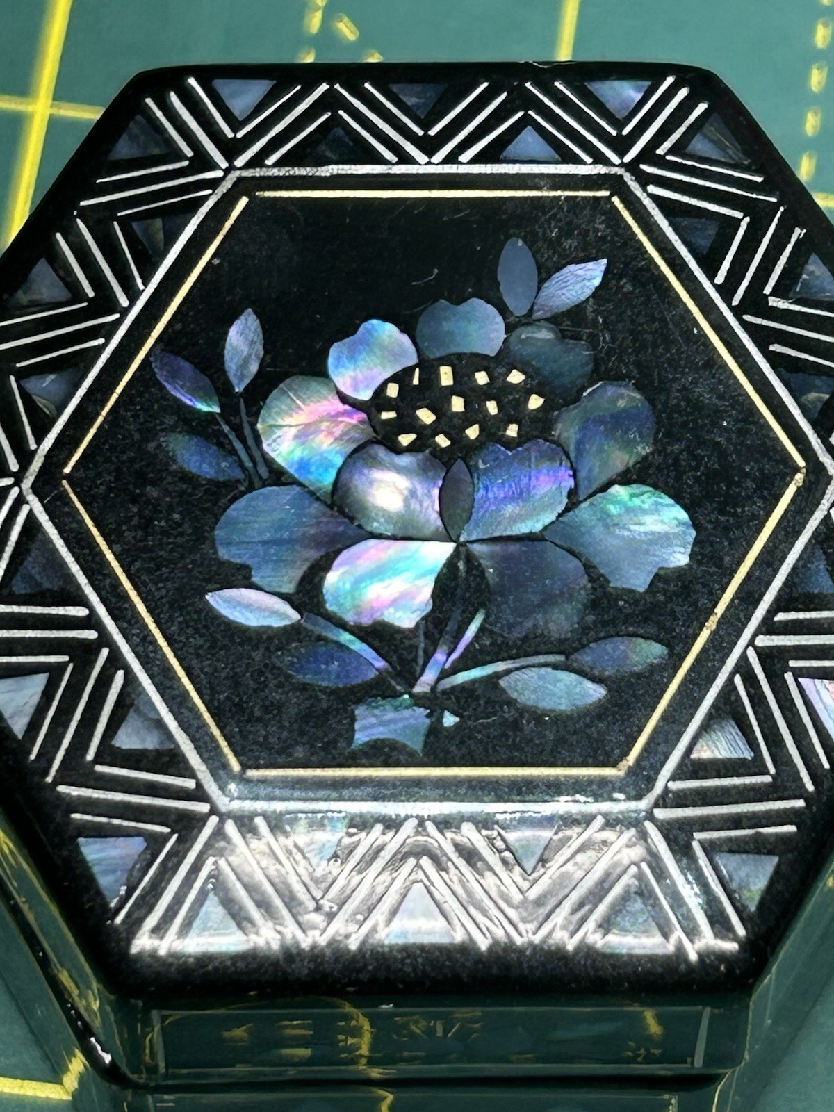 Vintage Hexagonal Mother of Pearl Inlay Lacquer Box Floral Geometric