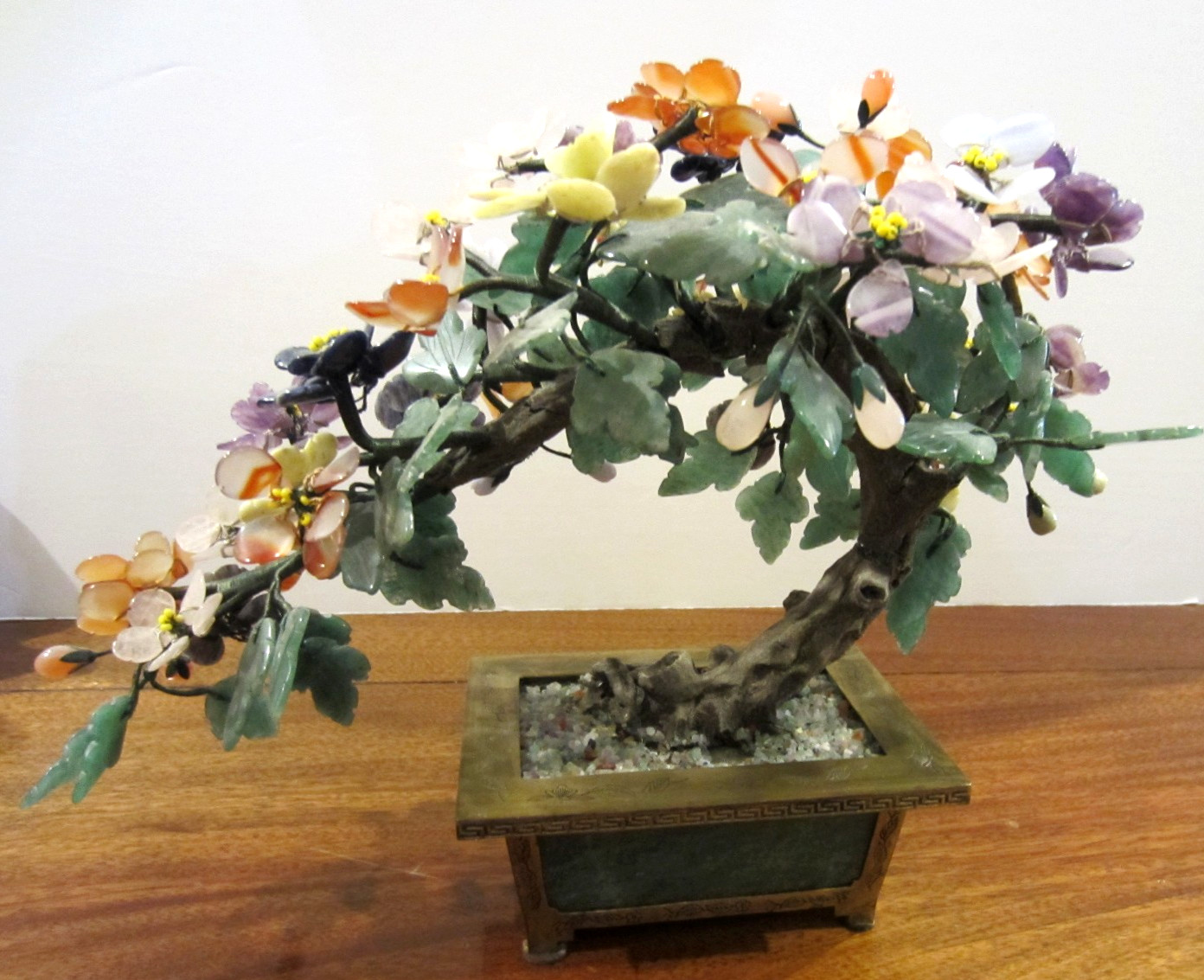 large jade/stone bonsai tree with many flowers of jade, agate, amethyst,& others