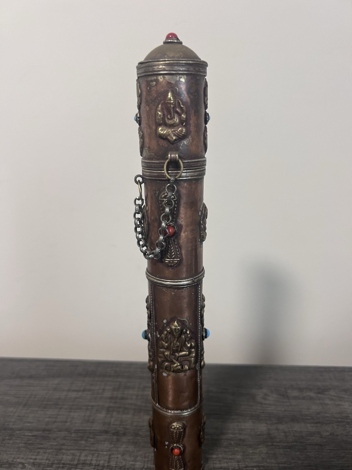 Tibet Copper Inlaid with Green Pine Stone Incense Cylinder -Collectible