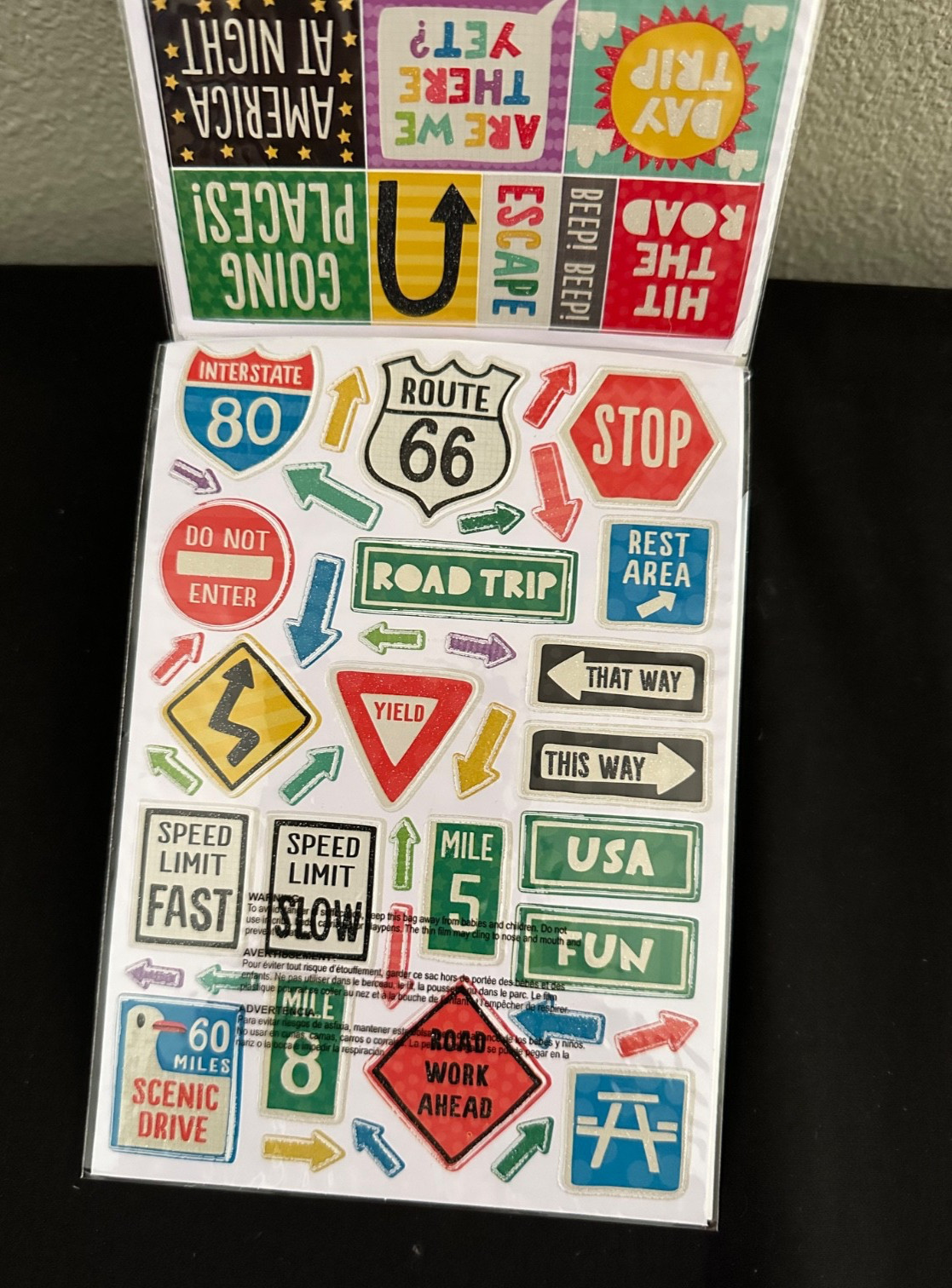 Sticko “ROAD TRIP” Fun Flip Pack – 5 Sheets ~ 184 stickers ~ Borders ~ New