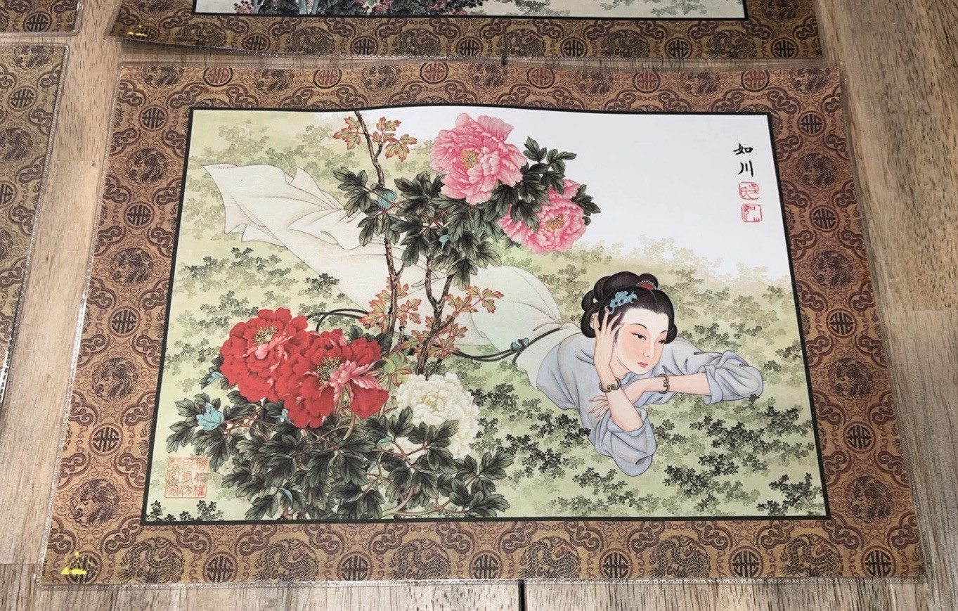H136~ Chinese Silk Placemats Hand Painted Watercolors Double Sided Laminate