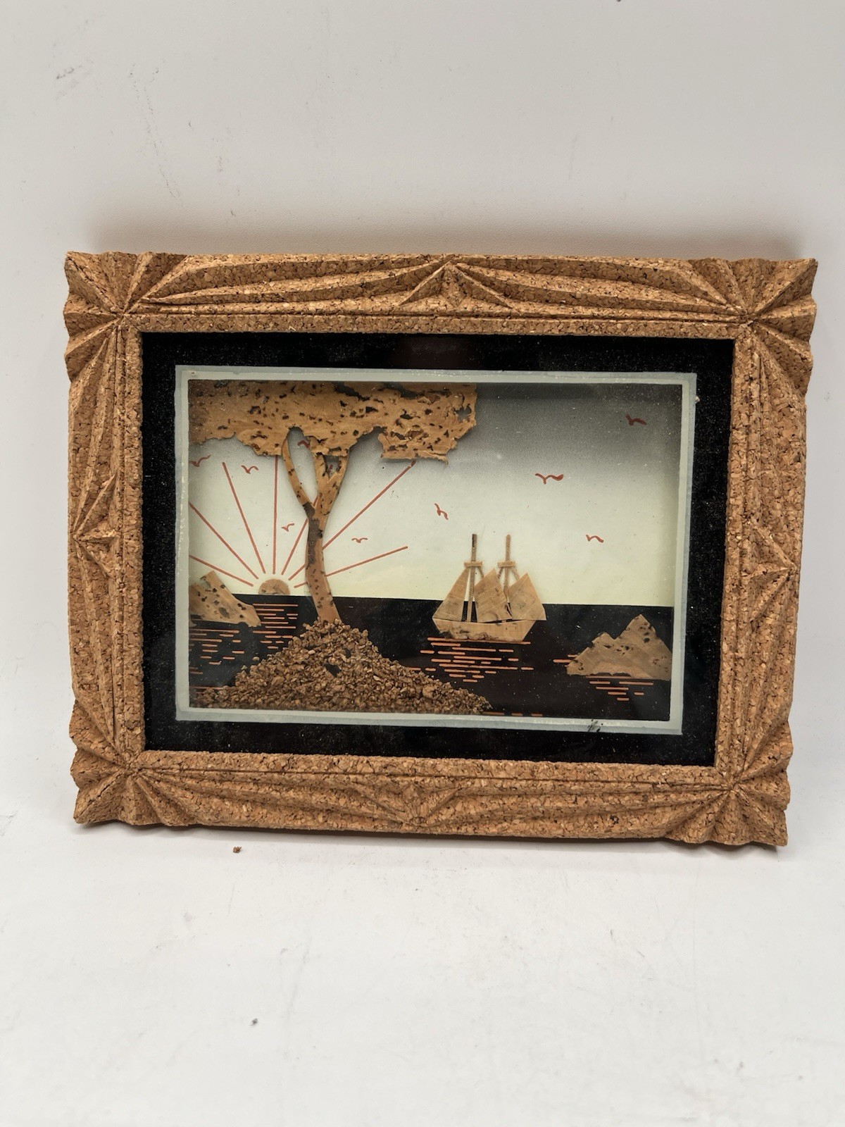 7.5×6” Framed Chinese Cork Sculpture Carving Diorama Wall Art Sailboat Trees
