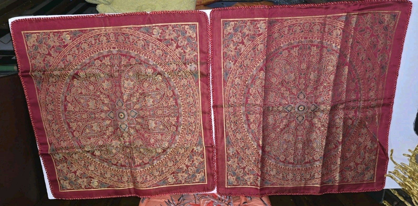 SET OF 2 Vintage Chinese Silk Brocade Pillow Covers – Red Gold Mandela – 20″