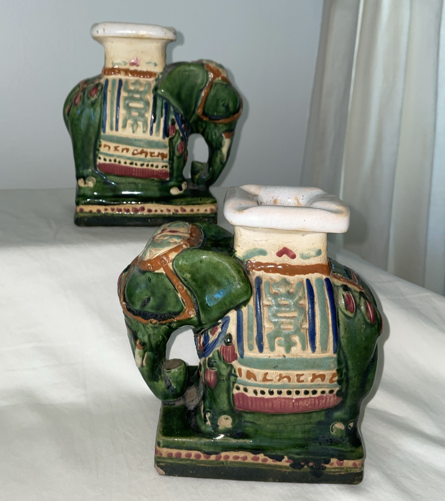 VTG Pr of Ceramic Hand Painted Majolica Asian Elephant Statue