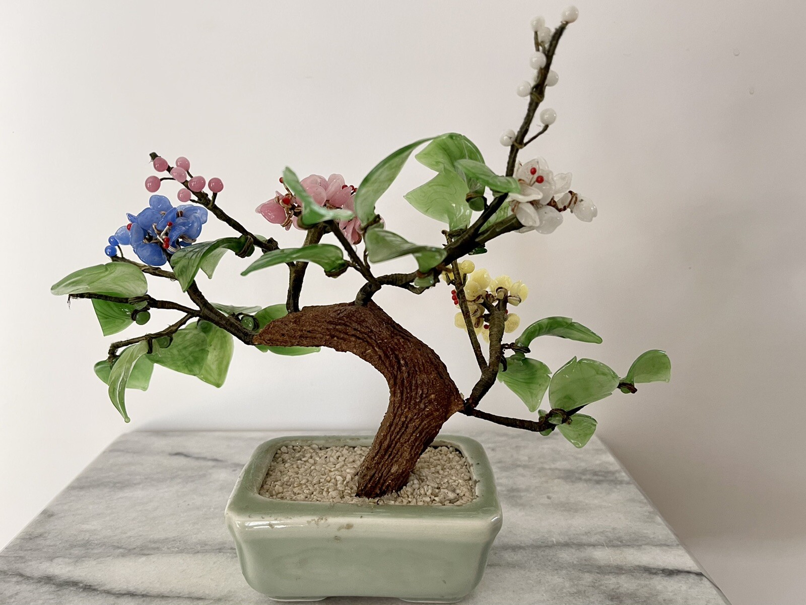 Vintage Chinese Jade Stone Glass Bonsai Mineral Tree Multi Color 9×8”