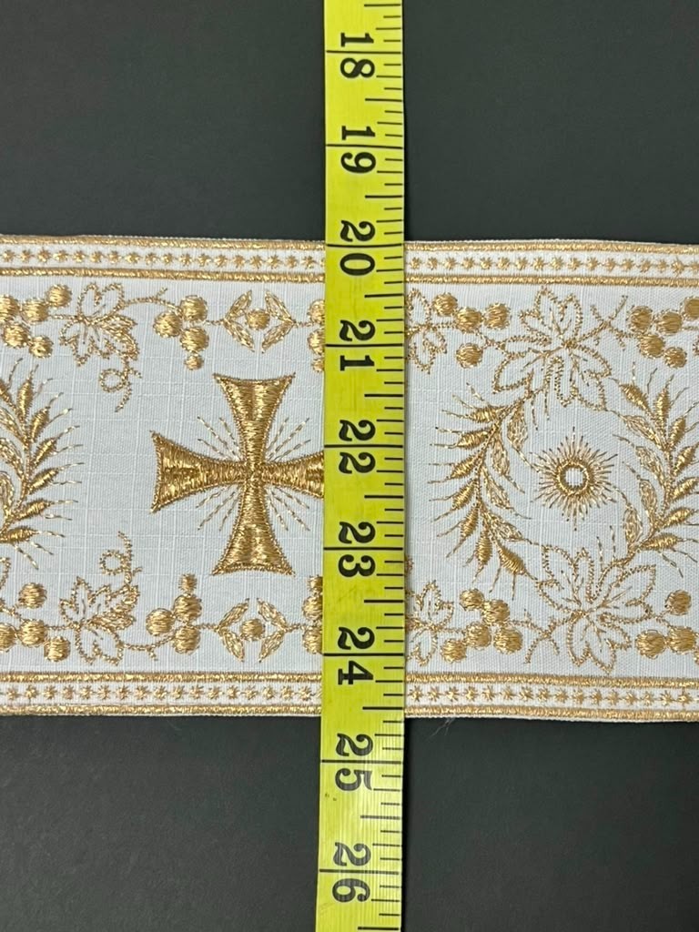 Liturgical Religious Lame Cross Gallons Banding Gold on White 1 Yard USA Made