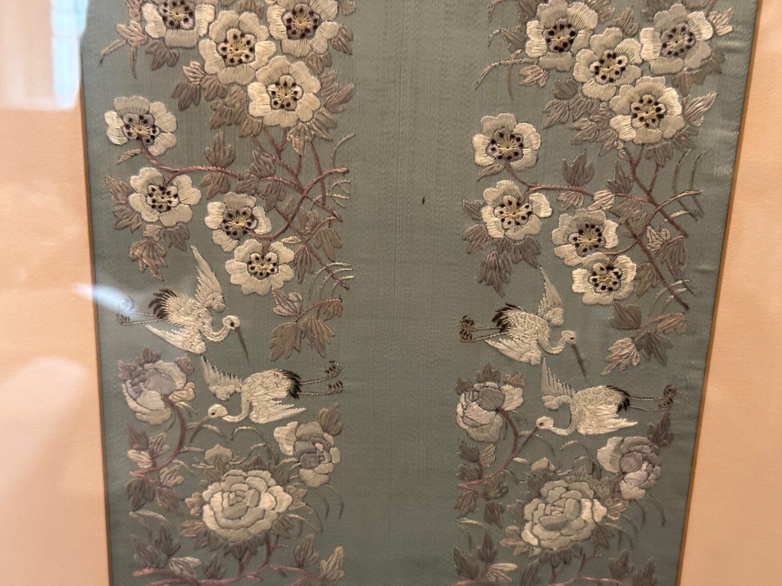 Vtg Antique Chinese Framed Silk Embroidered Textile Birds & Flowers Decoration