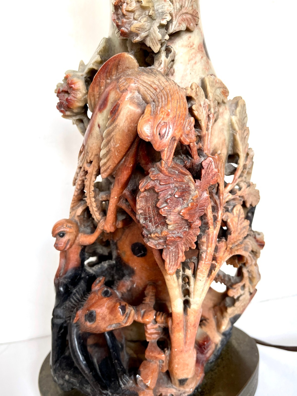 Chinese Soapstone Lamp Carved Bird Paradise Monkey Flowers Antique