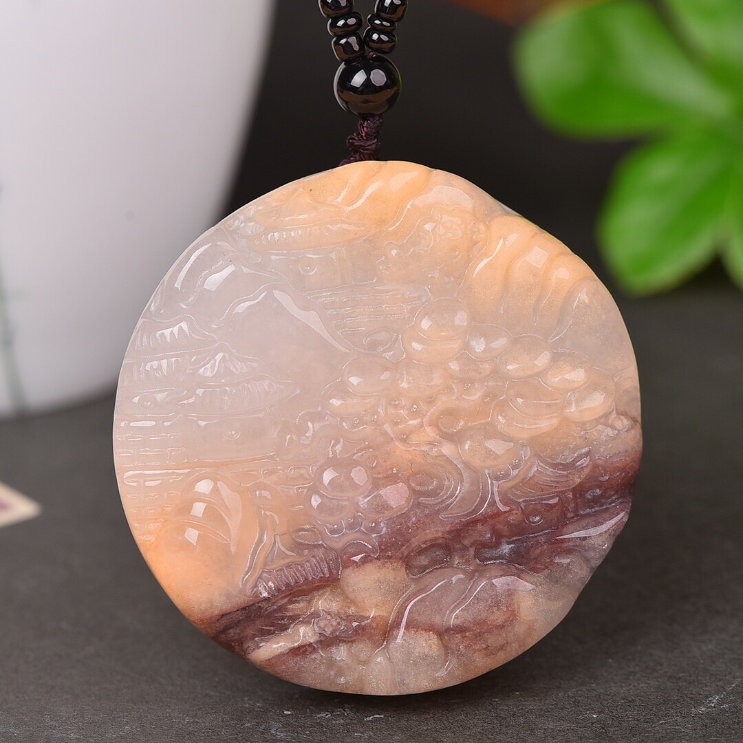China Jade Hand Carving Mountain Village Beautiful Scenery Pendant金丝玉