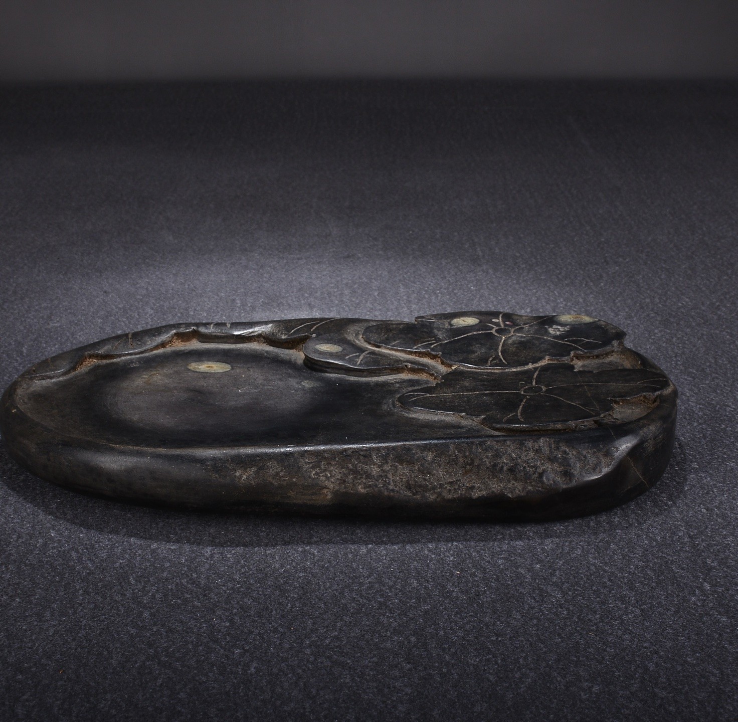9.5″ Old Chinese Plum Blossom Pit Stone Natural Stone Eyes “Lotus Pond” Inkstone