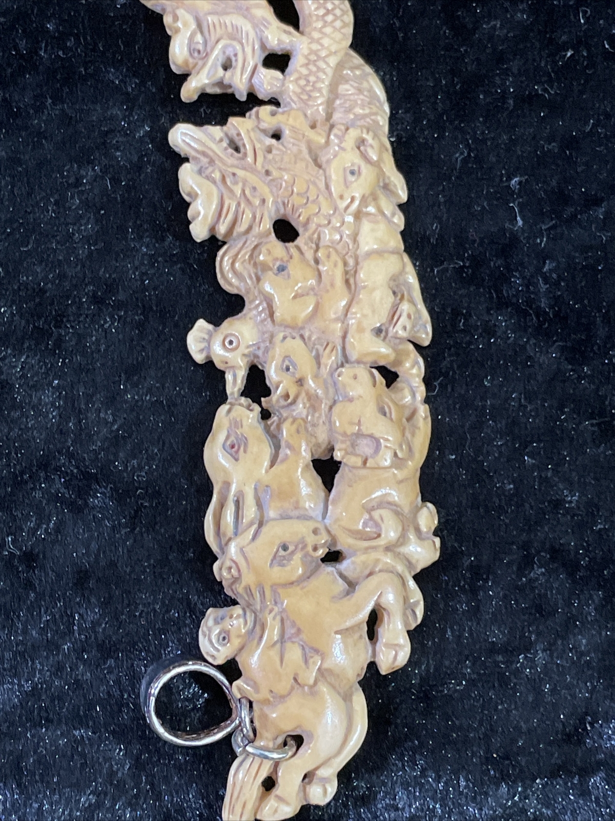 CHINESE ZODIAC SYMBOLS NECKPIECE Hand Carved w/.925 Sterling Silver Bails