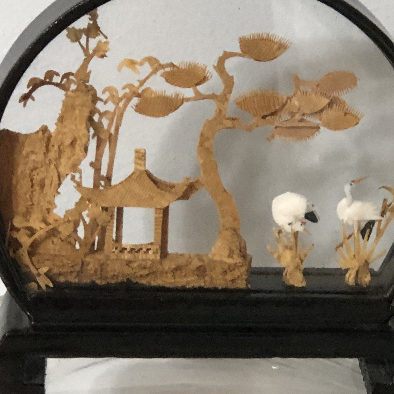 Chinese Hand Carved Cork Diorama Trees Birds House 3D Glass Dark Wood Frame Art