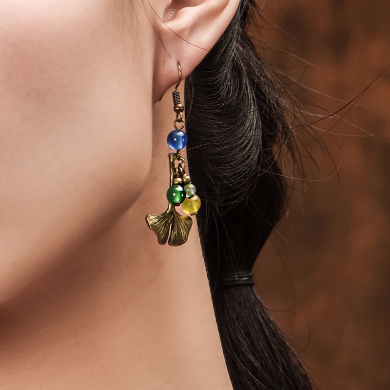 China Dongling Jade/Agate/Alloy Apricot Leaf Tibetan Style Earbob Earrings
