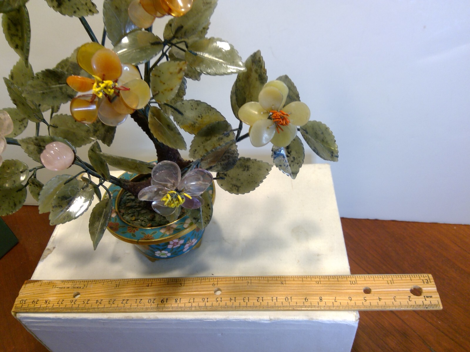 Vintage Chines Cloisonne Pot Bonsai Tree Craved Stone Flowers & Leaves 11″ Tall
