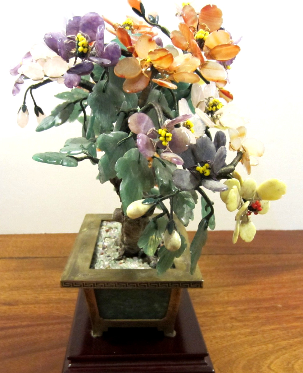 large jade/stone bonsai tree with many flowers of jade, agate, amethyst,& others