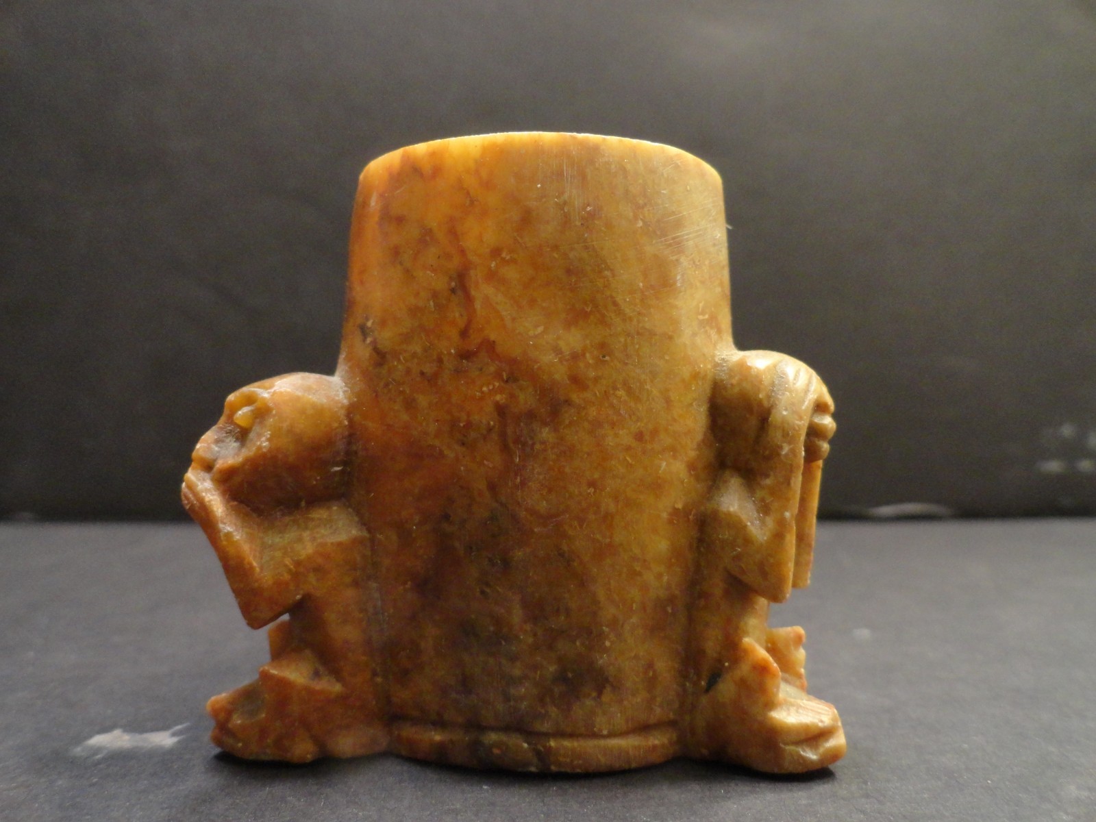 Antique Soapstone Carved Toothpick Holder Cup 3 Monkey See, Hear ,Speak no Evil