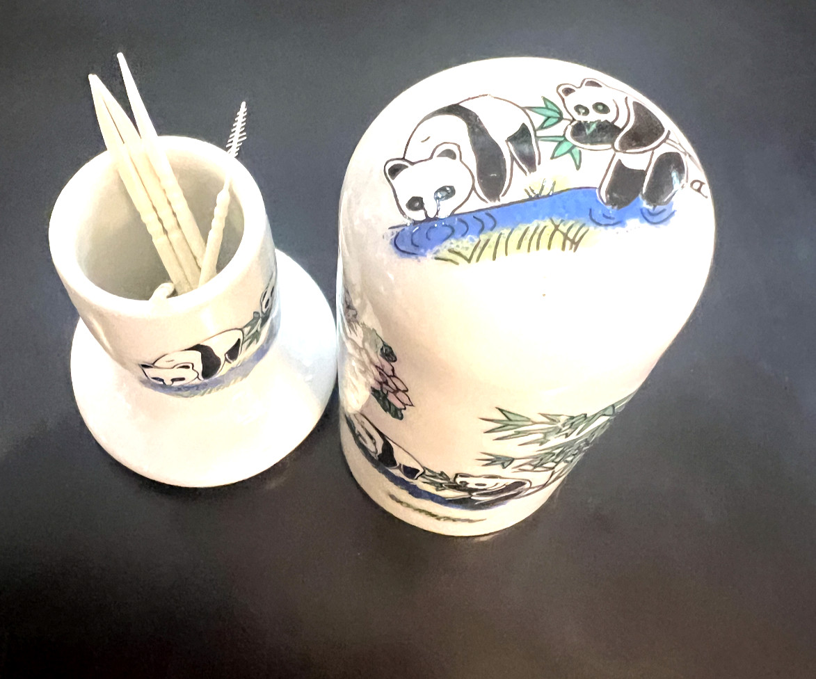 2 piece Chinese porcelain toothpick holder, panda bear paintings