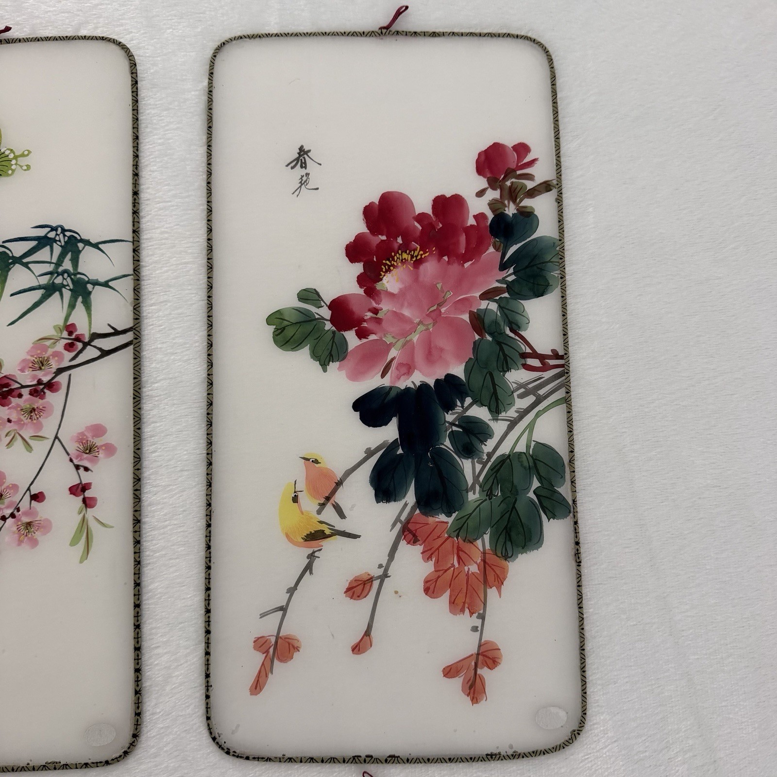 Vintage Chinese Painted Silk Panels Wire Frame Butterfly Koi Flowers Pandas Lady