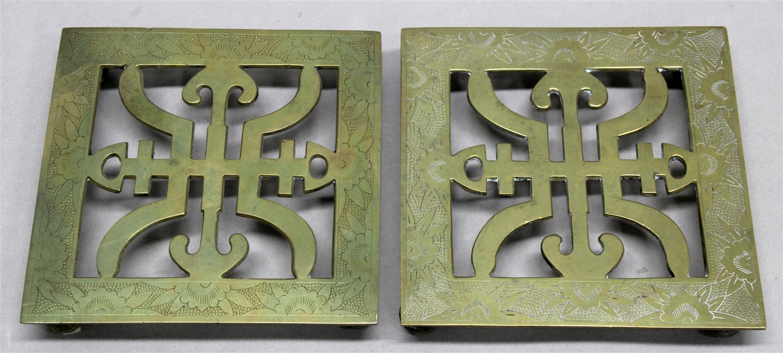 Lot of 2 Vintage Chinese SOLID BRASS TRIVETS “Shou” Happiness 5″ Square