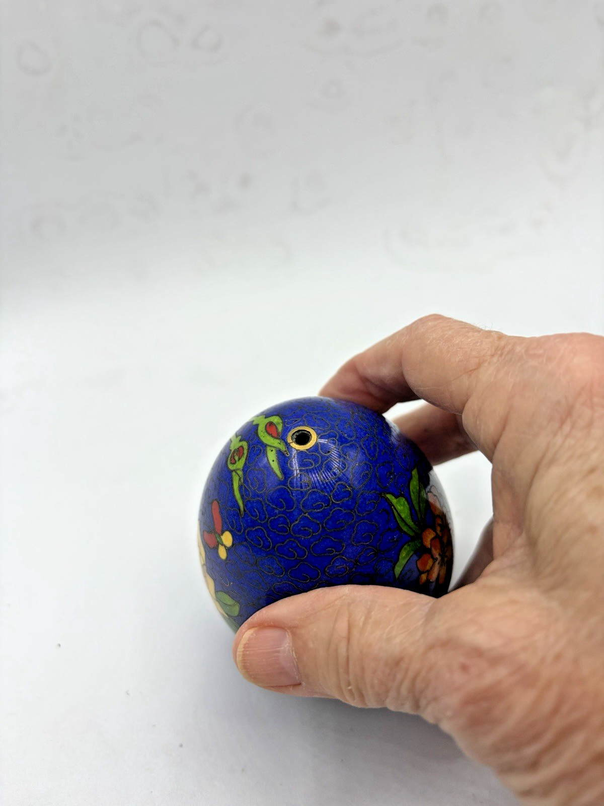 Vintage Chinese Cloisonné Enamel Egg Closed Incense Burner Blue Floral Design