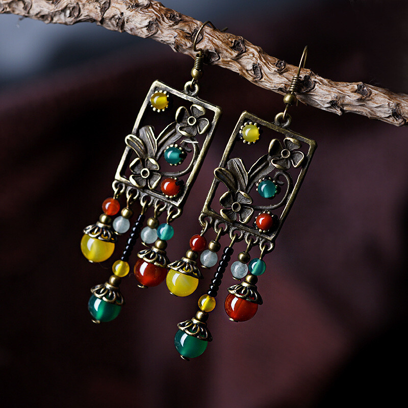China Yellow Green Agate/Alloy Tibetan Style Exquisite Fashion Earbob Earrings