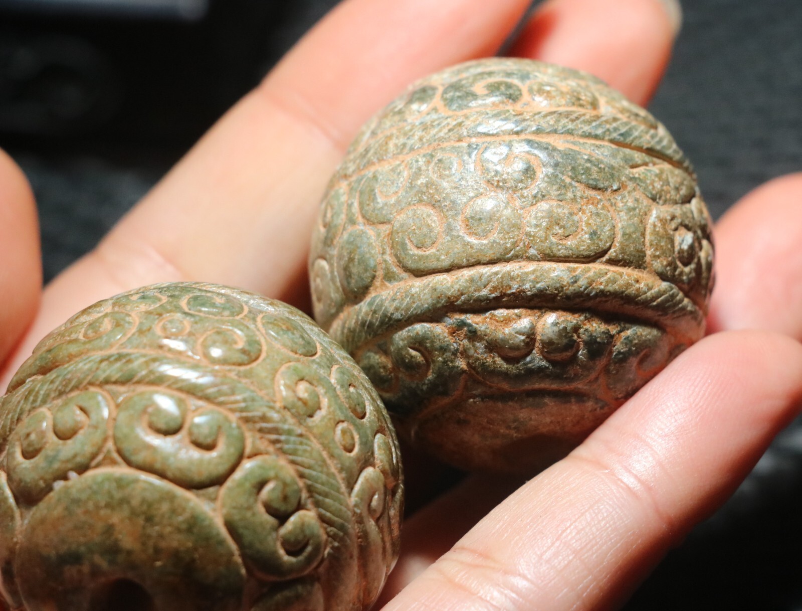 A Pair Exquisite Chinese Hetian Old JADE Linking Fortune Large Ball Sphere 40MMs