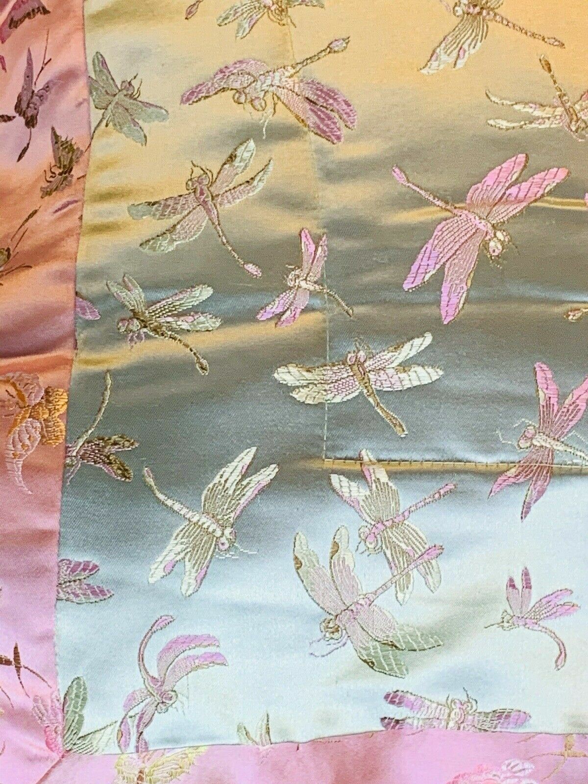 VTG Chinese Embroidered Silk Stitched Wall Tapestry Panel Dragonfly Butterfly
