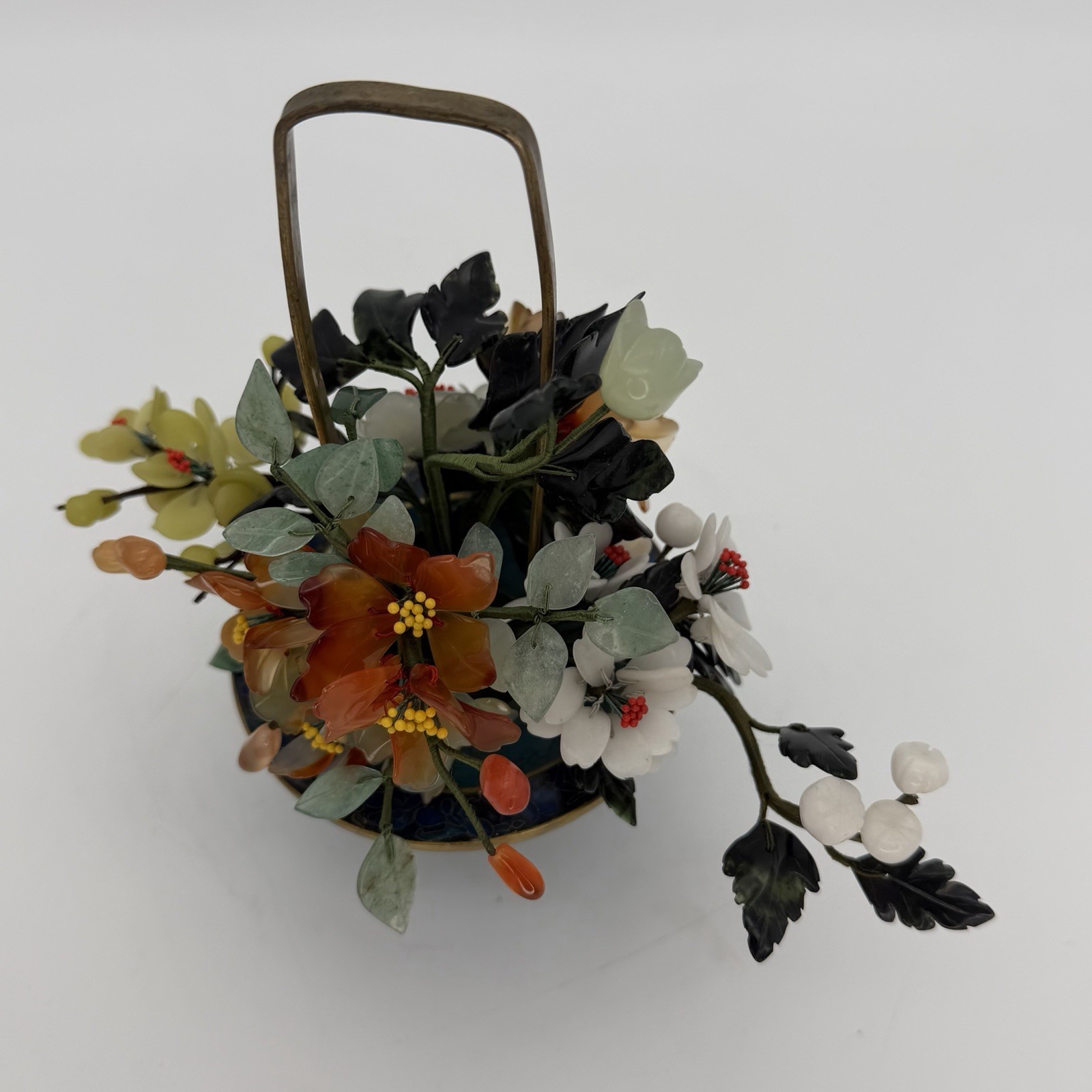 Vintage Jade Bonsai Tree Flowers Basket Cloisonné Pot 7.5” Brass Handle