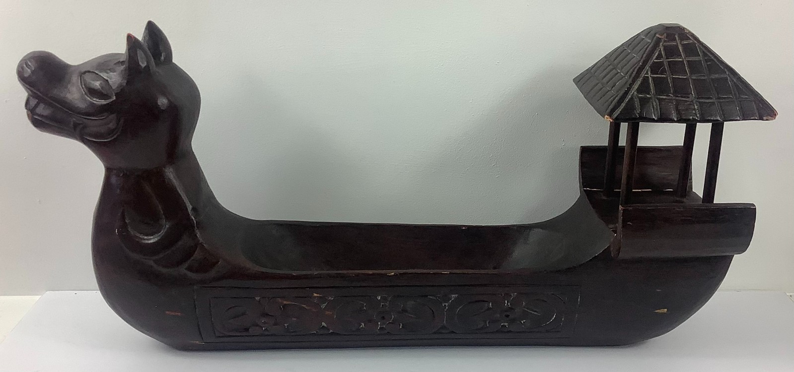 Vtg Wooden Asian Dragon Boat Decorative Centerpiece Display Tray Bowl 24″x6.75″x