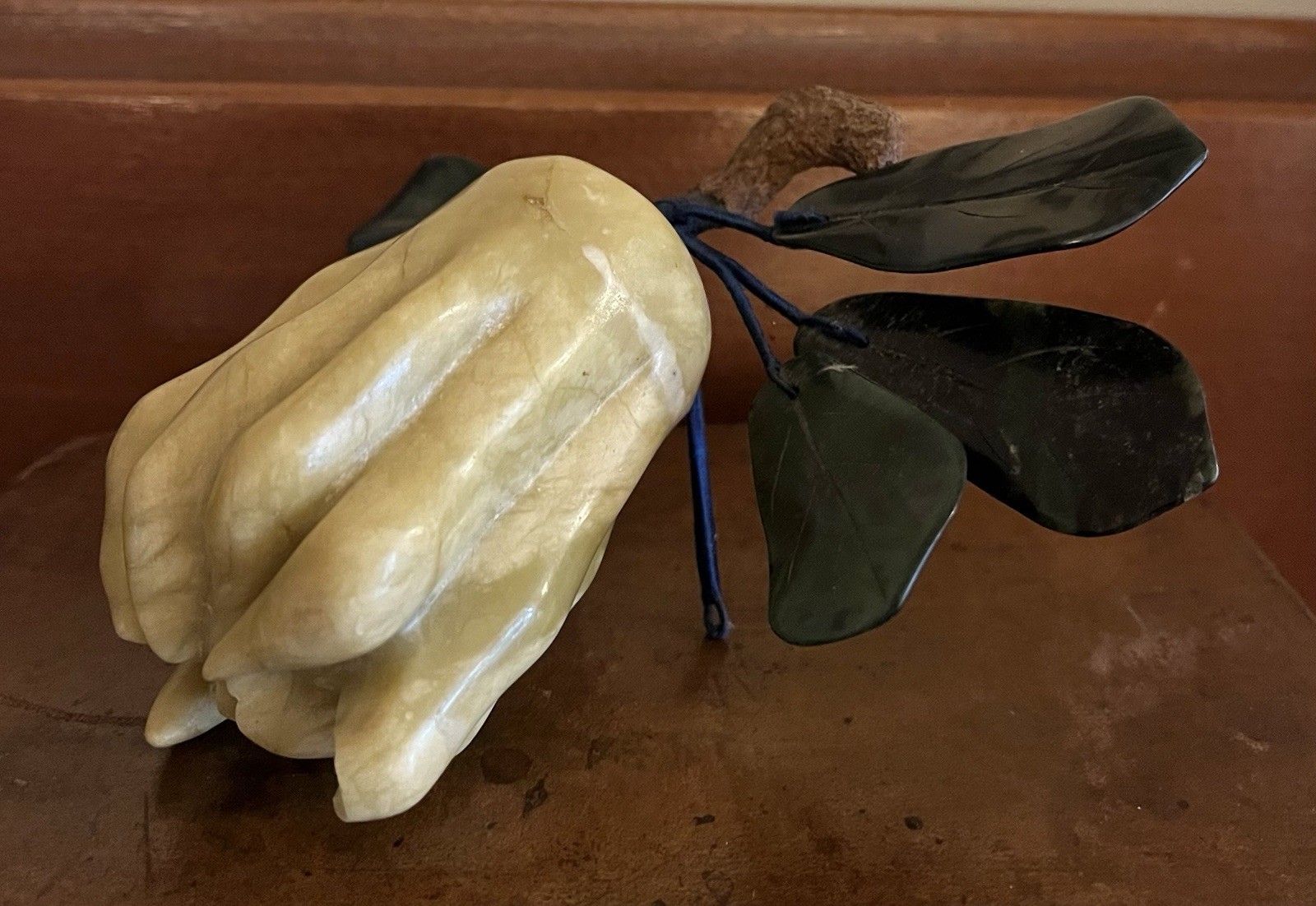 Vintage Chinese Dragonfruit Carved Hard Stone Light green with Dark Green Leaves